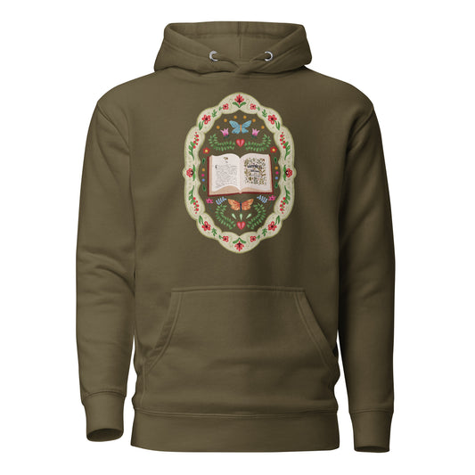 Whimsical Folklore Book Premium Hoodie - The Bean Workshop - Bookish Fashion, Botanical Illustration, Butterfly Design, Colorful Folk Art Bookish Hoodie, Cozy Lifestyle, Hoodie, Jane Austen, Literary Quote, Reader Gift, Storybook Fandom, Whimsical Aesthetic, Whimsical Folklore Book Oversized Hoodie, Winter Reading Gear for Bookworms