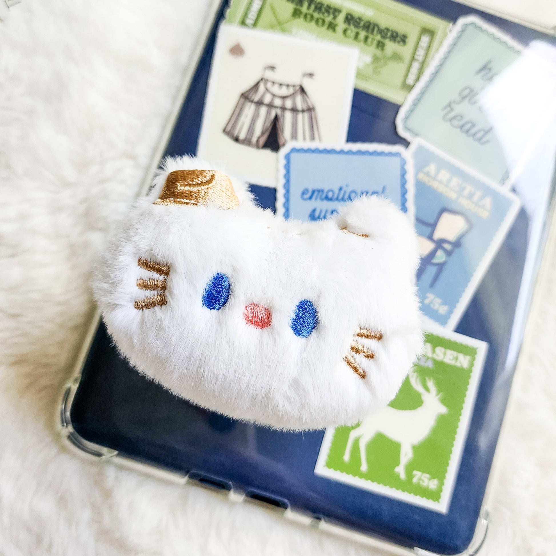 White Cat Plush Foldable Adhesive Kindle Grip - The Bean Workshop - kindle grip, reading accessories