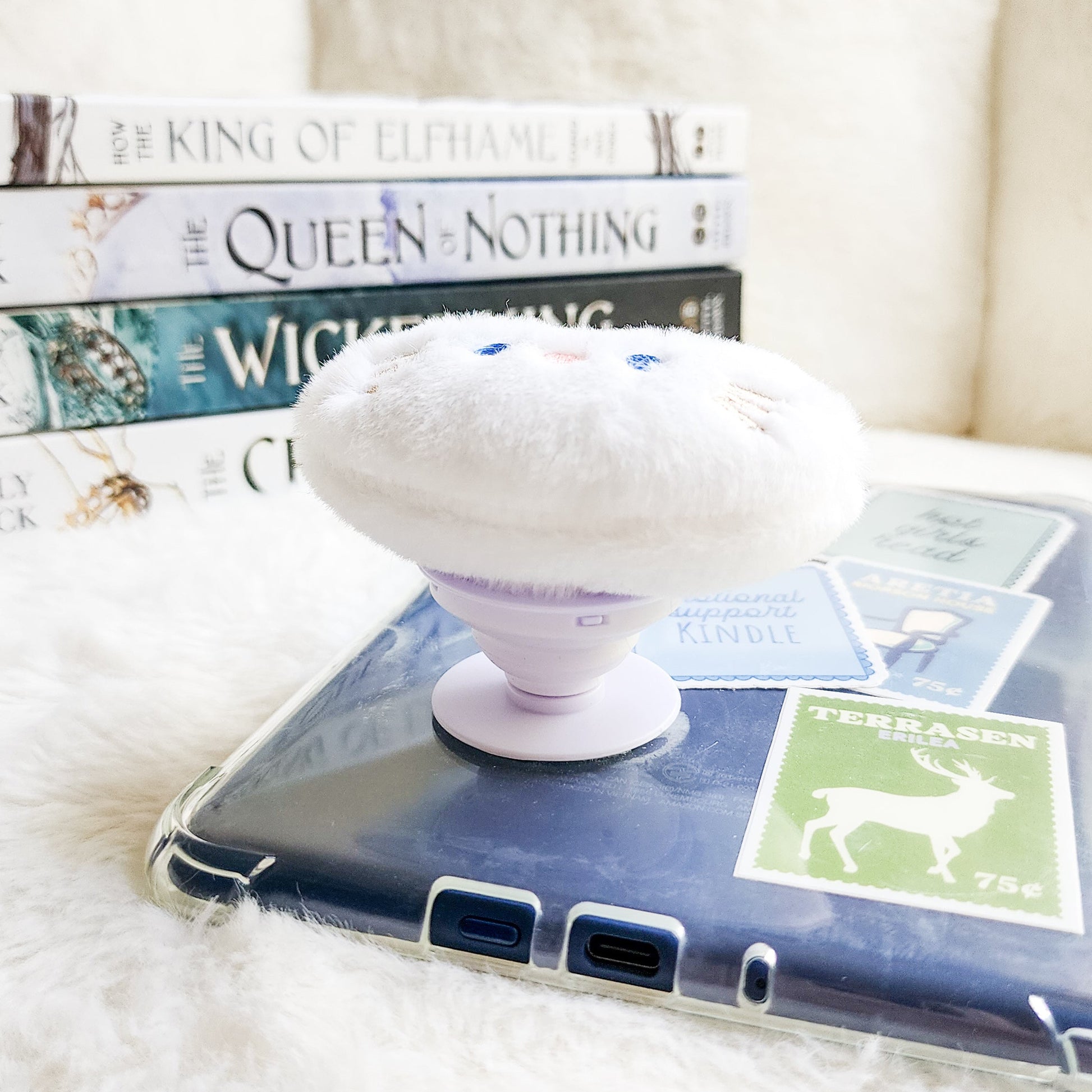 White Cat Plush Foldable Adhesive Kindle Grip - The Bean Workshop - kindle grip, reading accessories