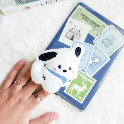 White Dog Plush Foldable Adhesive Kindle Grip - The Bean Workshop - kindle grip, reading accessories