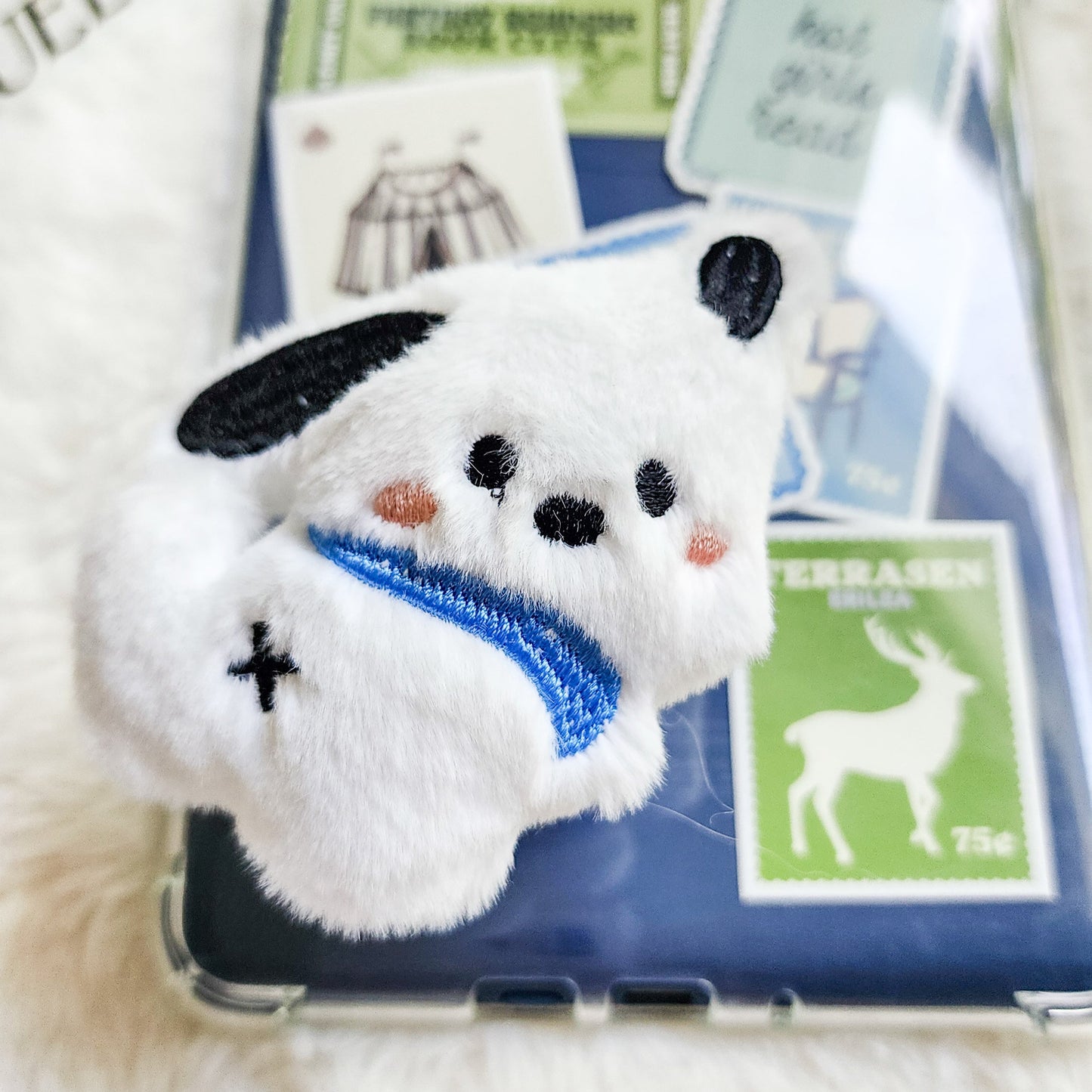 White Dog Plush Foldable Adhesive Kindle Grip - The Bean Workshop - kindle grip, reading accessories