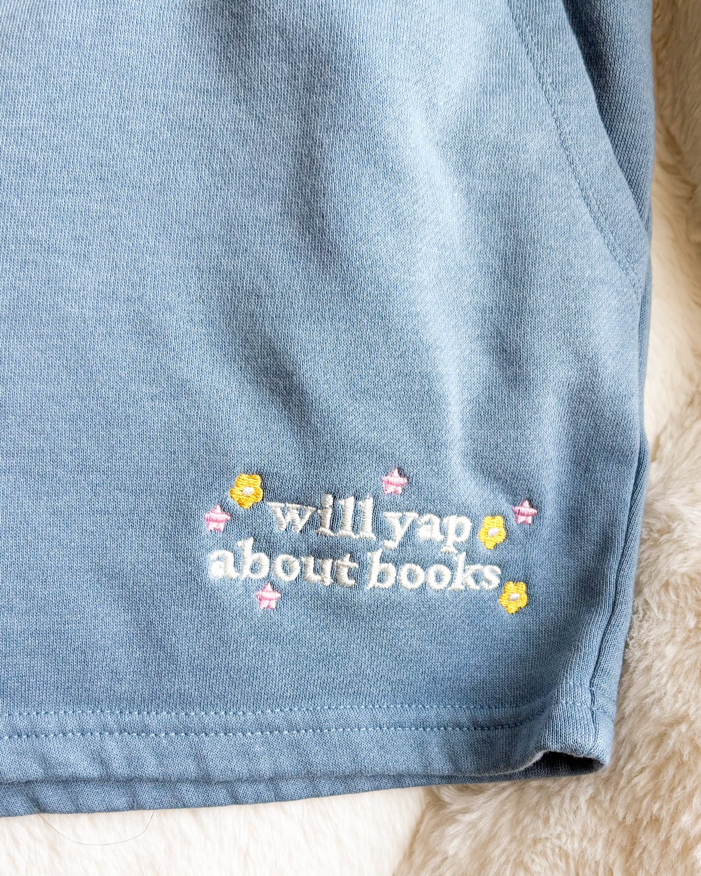Will Yap About Books Embroidered Wave Wash Fleece Shorts