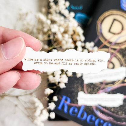 Write Me A Story Sticker | Divine Rivals Rebecca Ross Letters of Enchantment - The Bean Workshop - bookish gift, bookish sticker, Divine Rivals, Divine Rivals merch, fantasy romance, gift for book lovers, Iris and Roman, journal sticker, laptop sticker, Letters of Enchantment, Rebecca Ross, Rebecca Ross merch, Ruthless Vows, sticker
