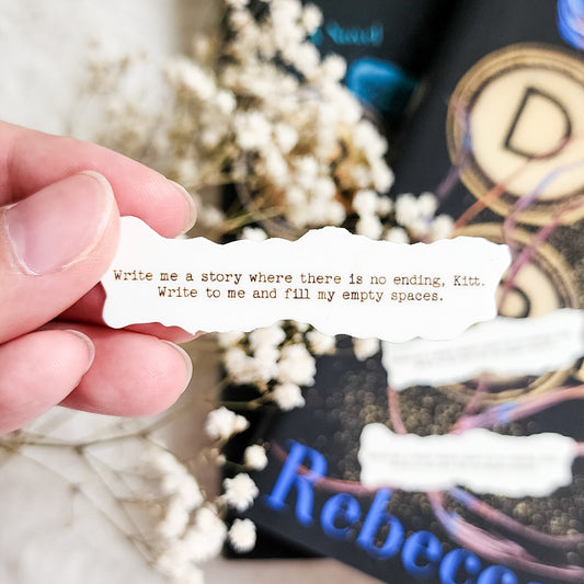Write Me A Story Sticker | Divine Rivals Rebecca Ross Letters of Enchantment - The Bean Workshop - bookish gift, bookish sticker, Divine Rivals, Divine Rivals merch, fantasy romance, gift for book lovers, Iris and Roman, journal sticker, laptop sticker, Letters of Enchantment, Rebecca Ross, Rebecca Ross merch, Ruthless Vows, sticker