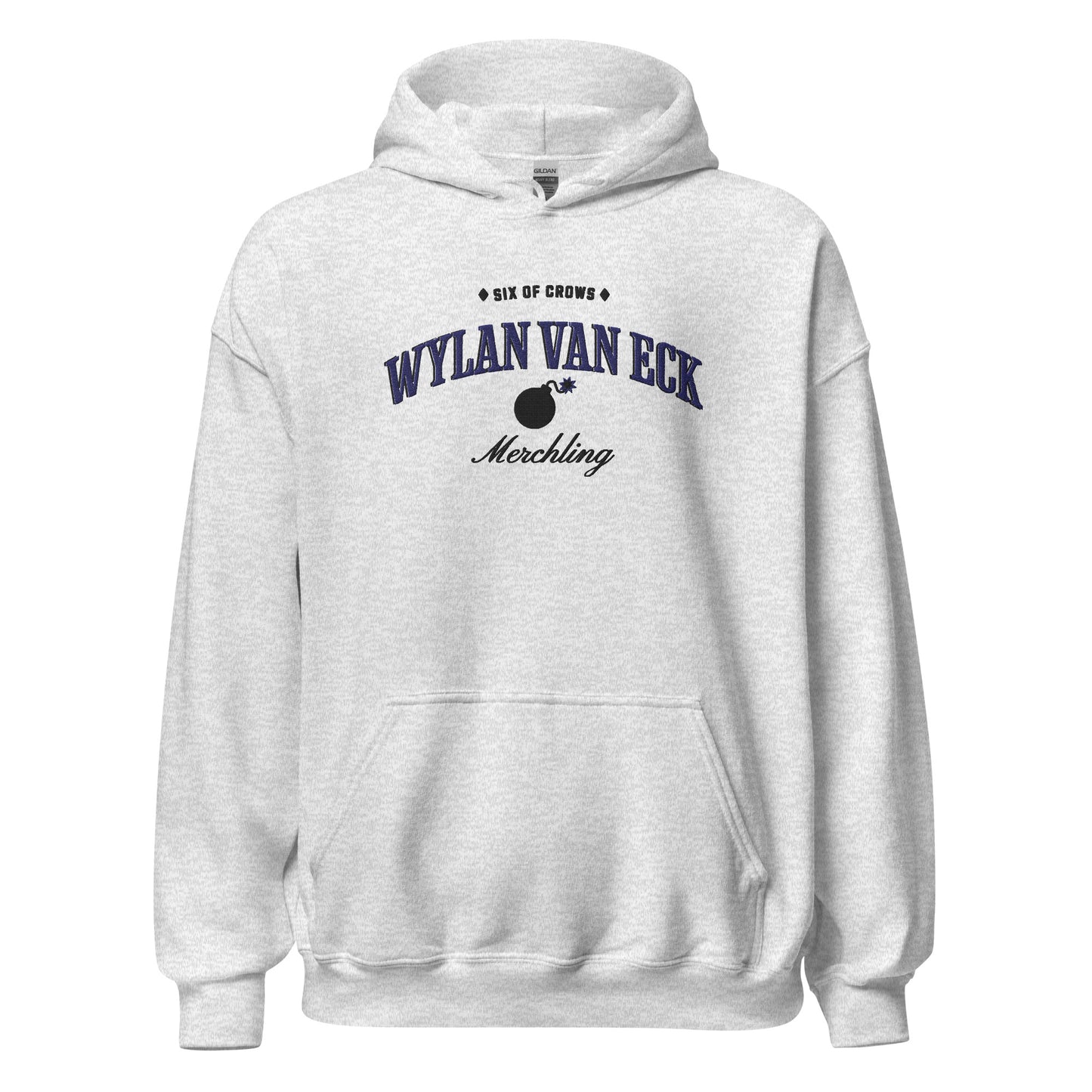 Wylan Van Eck Embroidered Hoodie - The Bean Workshop - Bookworm Hoodie, Demolitions Spark, Fantasy Character, Grishaverse gift, leigh bardugo, Leigh Bardugo bookish hoodie for readers, Literary Streetwear, Merchling fan merchandise, Minimalist Design, Six of Crows hooded sweatshirt, The Dregs apparel, Wesper, Wylan Van Eck embroidered hoodie