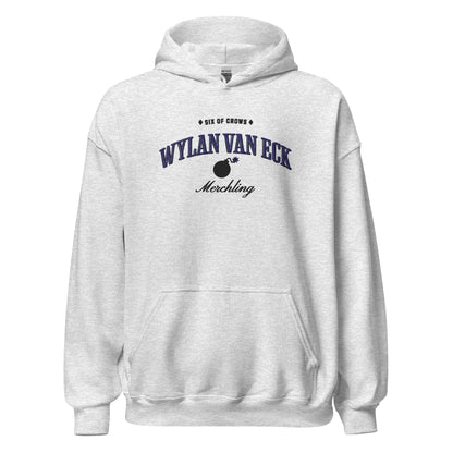 Wylan Van Eck Embroidered Hoodie - The Bean Workshop - Bookworm Hoodie, Demolitions Spark, Fantasy Character, Grishaverse gift, leigh bardugo, Leigh Bardugo bookish hoodie for readers, Literary Streetwear, Merchling fan merchandise, Minimalist Design, Six of Crows hooded sweatshirt, The Dregs apparel, Wesper, Wylan Van Eck embroidered hoodie