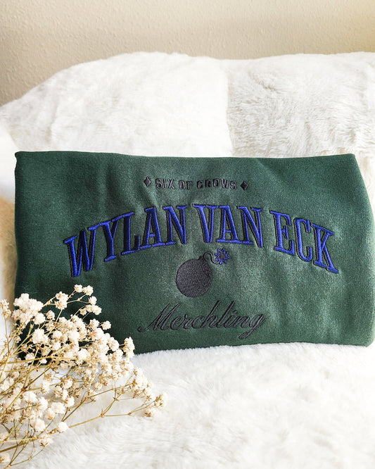 Wylan Van Eck Embroidered Sweatshirt - The Bean Workshop - Book Lover Gift, Bookish Sweatshirt, Character Apparel, Demolitions expert gift, Fantasy Character, Grishaverse, Ketterdam, Leigh Bardugo fan apparel for readers, LGBTQ Character, Six of Crows merchling merch, The Dregs, Wesper, Wylan Van Eck embroidered sweatshirt