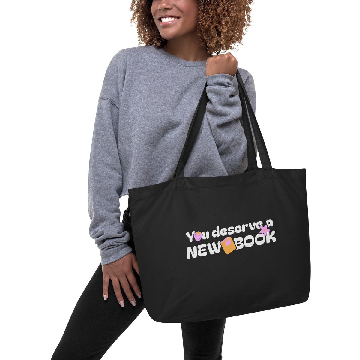 You Deserve a New Book Large Cotton Twill Tote Bag - The Bean Workshop - book design, book lover gift, book tote bag, bookaholic gift, bookworm gift, new book, read everyday, reading gift, reusable bag, Short n' Sweet Collection, tote bag