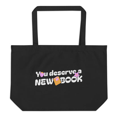 You Deserve a New Book Large Cotton Twill Tote Bag - The Bean Workshop - book design, book lover gift, book tote bag, bookaholic gift, bookworm gift, new book, read everyday, reading gift, reusable bag, Short n' Sweet Collection, tote bag