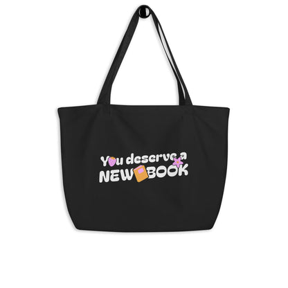 You Deserve a New Book Large Cotton Twill Tote Bag - The Bean Workshop - book design, book lover gift, book tote bag, bookaholic gift, bookworm gift, new book, read everyday, reading gift, reusable bag, Short n' Sweet Collection, tote bag