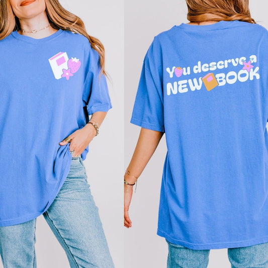 You Deserved A New Book T-shirt - The Bean Workshop - book addiction, book buying, book design, book justification, book lover gift, book t-shirt, bookaholic apparel, funny book shirt, read everyday, reading shirt, Short n' Sweet Collection, t-shirt, tee