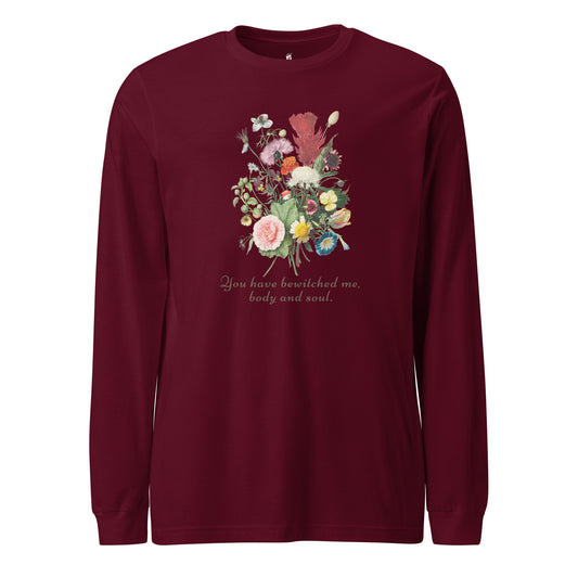 You Have Bewitched Me, Body and Soul Long Sleeve Shirt - The Bean Workshop - Bookaholic, Botanical Print, Classic Literature, Dark Academia, Gift for Janeites, Jane Austen, Literary Quote, Long Sleeve, Pride and Prejudice, Reading Apparel, Regency Romance, Romantic Style, Vintage Floral Long Sleeve Book Shirt